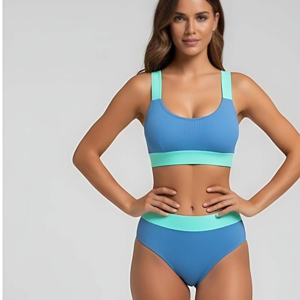 LAST ONE 🔥 Ribbed Color Block 2pc High Waist Bikini Swimsuit Bathing Suit